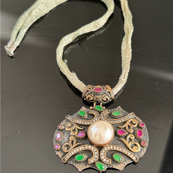 STUNNINGl ARABIC NECKLACE 925 STERLING RUBY EMERALD PEARL MARCASITE PENDANT - Picture 2 of 7